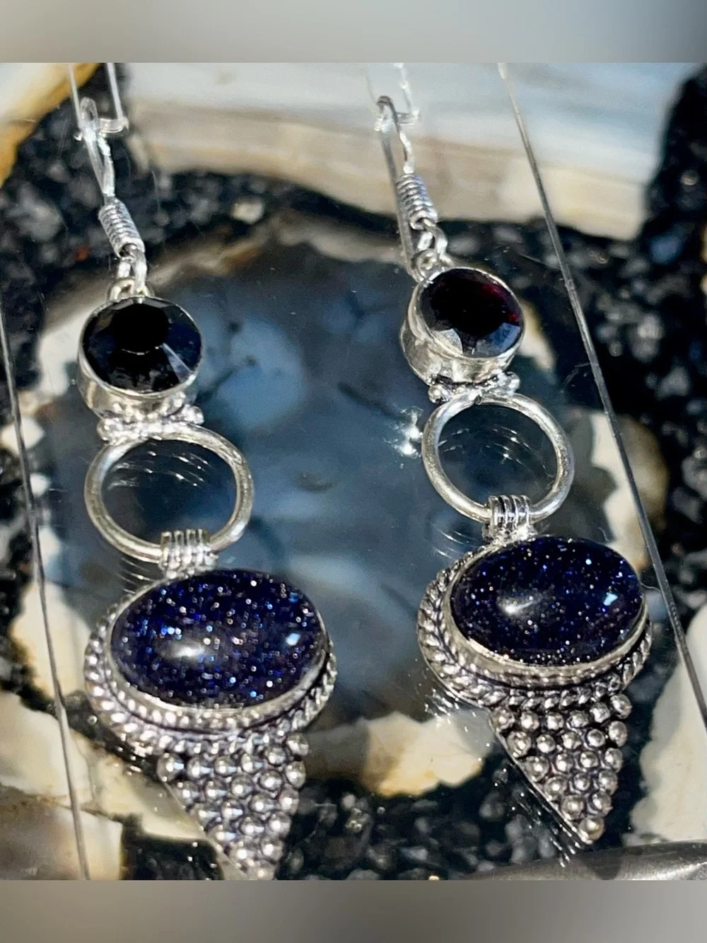 Deep Sparkly Bluestone Sandstone Earrings 2 1/2”